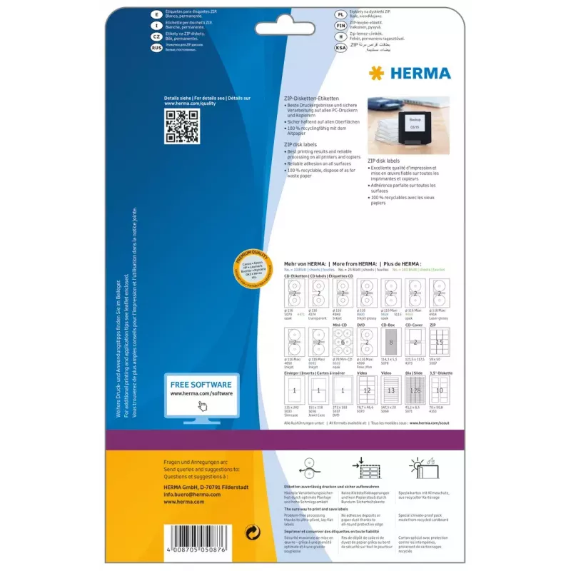 Lipdukai HERMA ZIP diskeliams A4 59x50 mm balto matinio popieriaus 375 vnt.