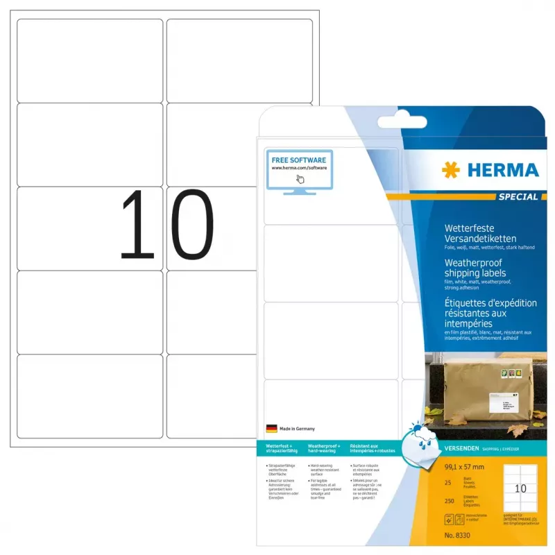 Siuntų etiketės HERMA 8330 A4 99,1x57 mm balta poliesterio plėvelė, matinė, ypač stiprus lipnumas