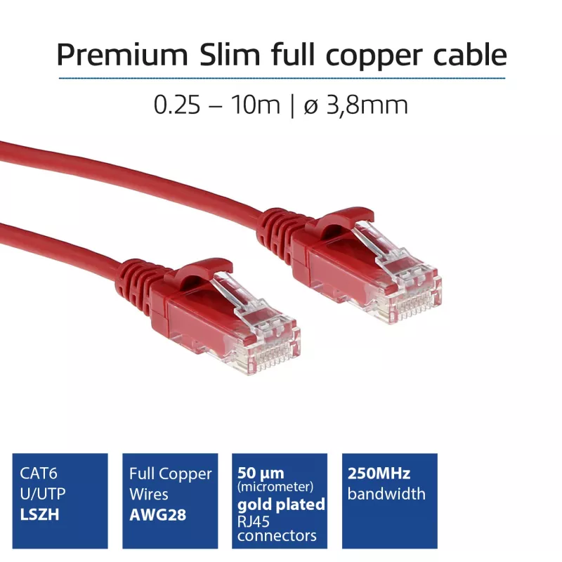 ACT Red 5 metrų LSZH U/UTP CAT6 duomenų centro plonas pataisos kabelis su apsauga nuo užkabinimo ir RJ45 jungtimis