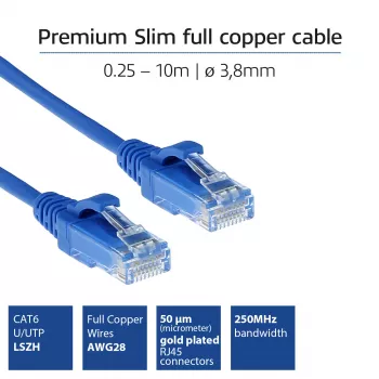 ACT Blue 2 m CAT6 U/UTP plonas laidas duomenų centrui su apsauga nuo užkliuvimo ir RJ45 jungtimis