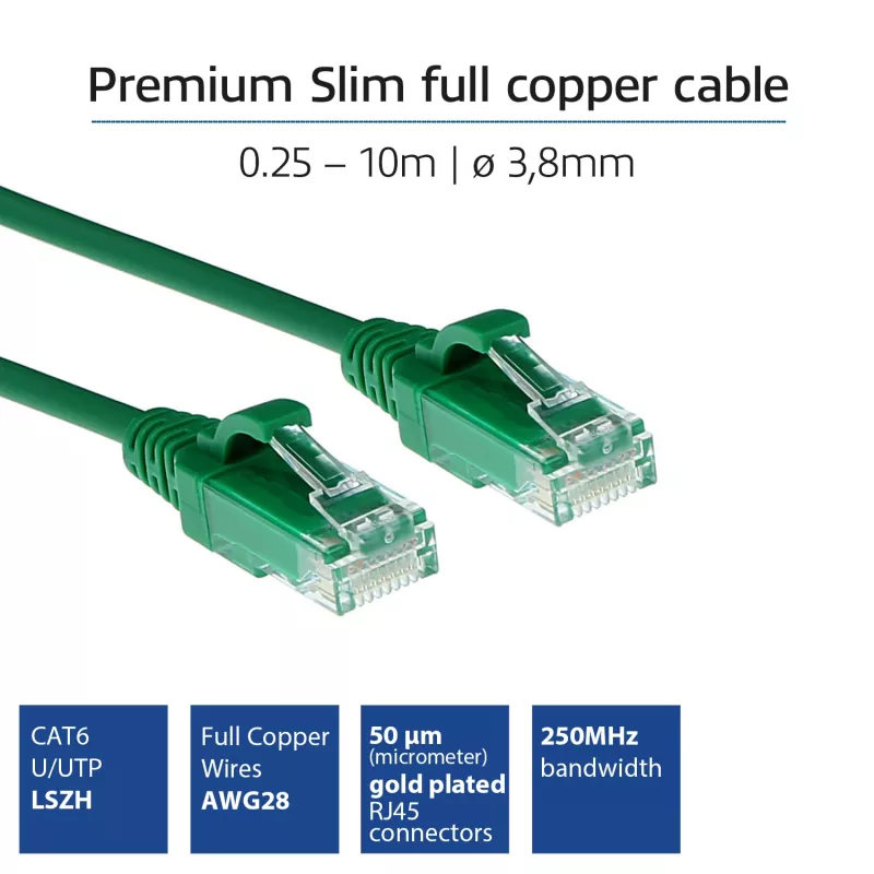 ACT Green 1,5 m LSZH U/UTP CAT6 plonas duomenų centro jungiamasis kabelis su RJ45 kištukais ir apsauga nuo užkabinimo