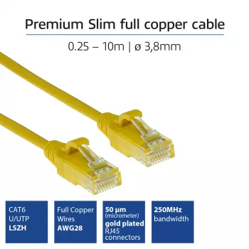 ACT geltonas 3 m LSZH U/UTP CAT6 plonas lizdinis kabelis su RJ45 jungtimis