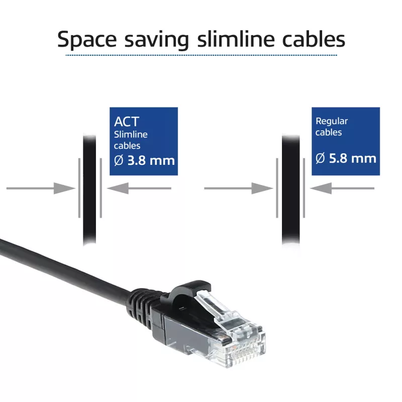 ACT Black 3 metrų LSZH U/UTP CAT6 plonas lizdinis kabelis su apsauga nuo užsikabinimo ir RJ45 jungtimis