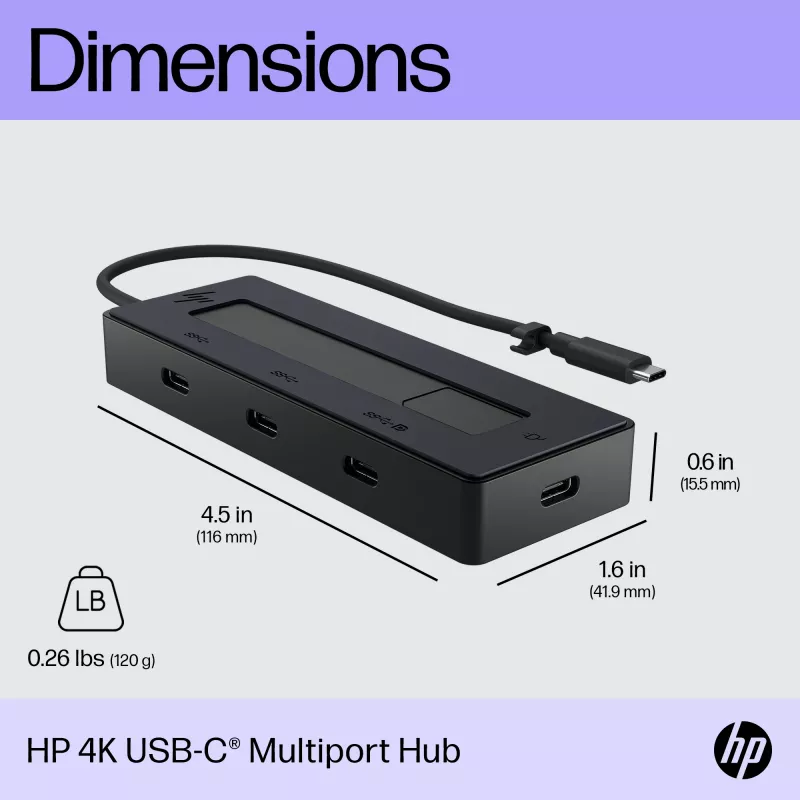 HP 4K USB-C Multiport Hub, USB Type-C, USB Type-C, 10000 Mbit/s, 3840 x 2160, Juoda, 65 W
