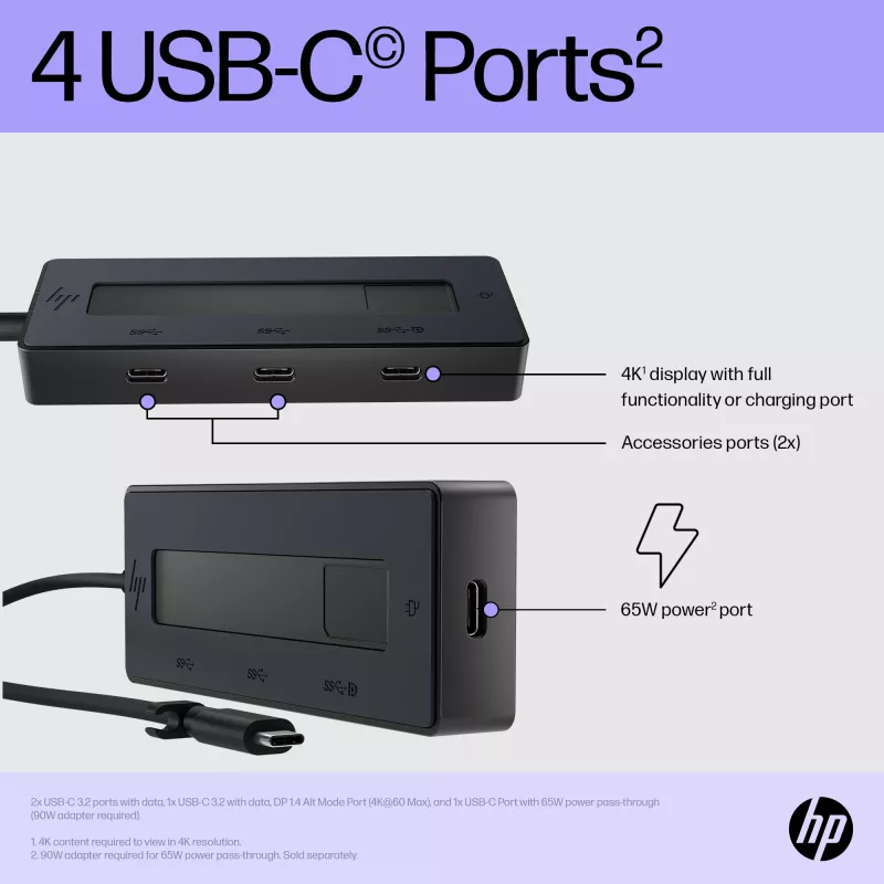 HP 4K USB-C Multiport Hub, USB Type-C, USB Type-C, 10000 Mbit/s, 3840 x 2160, Juoda, 65 W