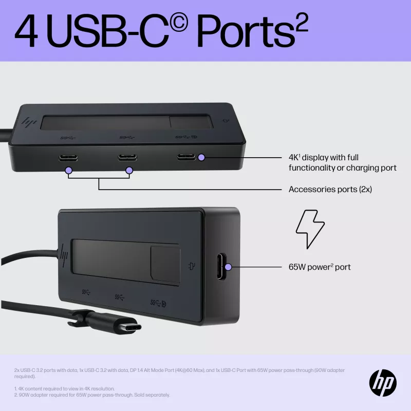 HP 4K USB-C Multiport Hub, USB Type-C, USB Type-C, 10000 Mbit/s, 3840 x 2160, Juoda, 65 W