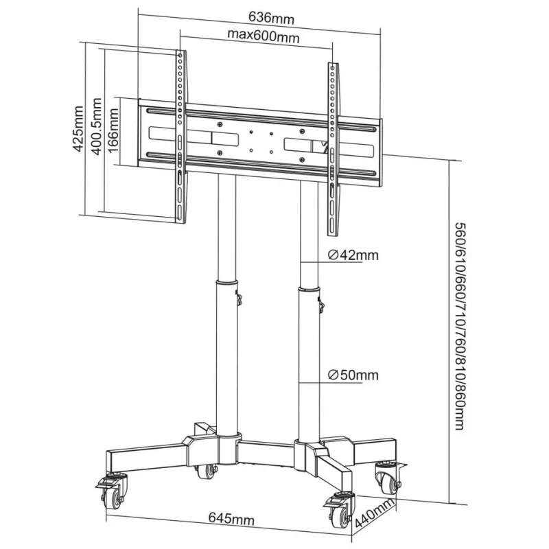 Manhattan žemo profilio mobilus stovas televizoriui ir monitoriui, 37–65 col., VESA 200x200–600x400 mm, 40 kg, 45° pakreipimas