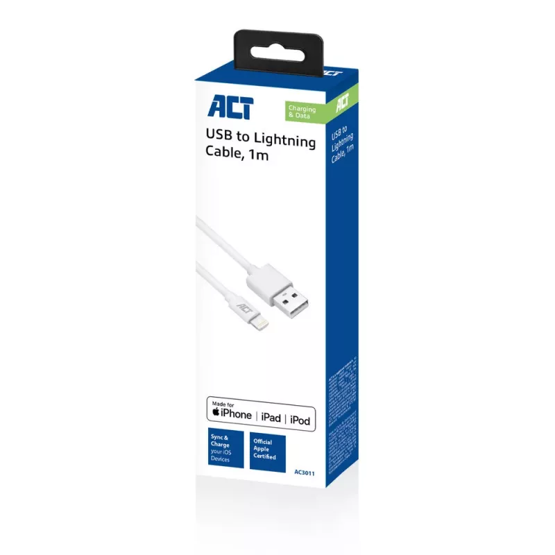 ACT USB 2.0 įkrovimo ir duomenų laidas USB-A – Lightning 1 m, MFi sertifikuotas