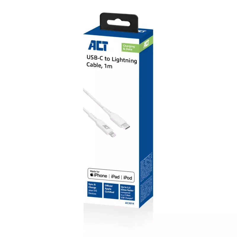ACT USB 2.0 įkrovimo ir duomenų laidas USB-C (vyriškas) – Lightning (vyriškas) 1 m, MFi sertifikuotas