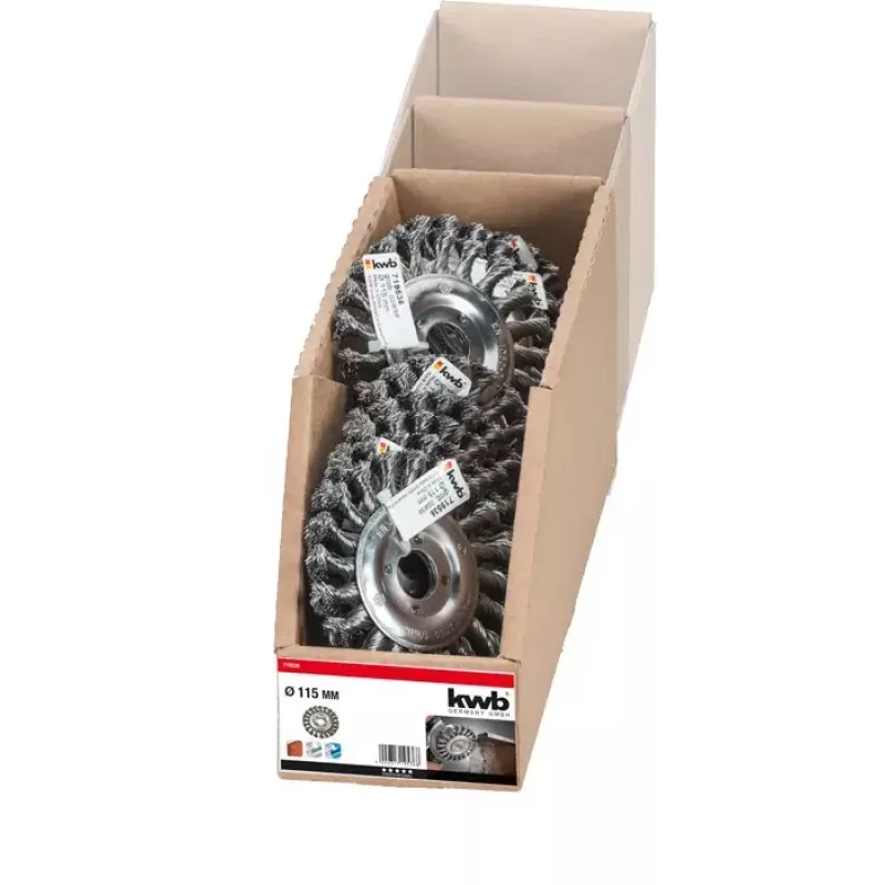 Šepečio ratas vielinis KWB 719536 11,5 cm, kotelio skersmuo 2,2 cm
