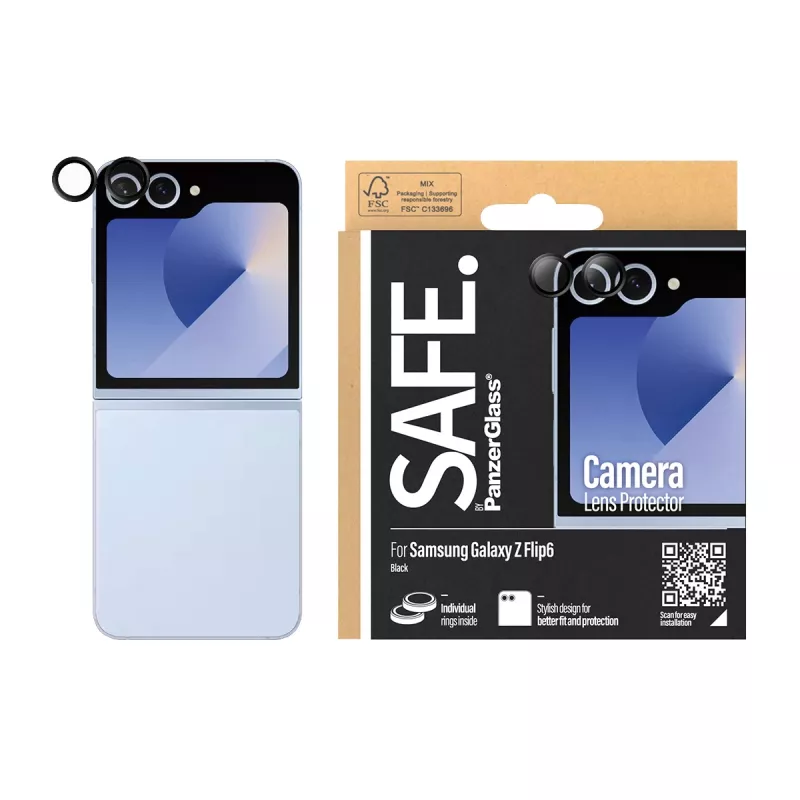 Apsauginis fotoaparato lęšių gaubtas PanzerGlass SAFE. Samsung Galaxy Z Flip6 juodas, atsparus įbrėžimams ir smūgiams