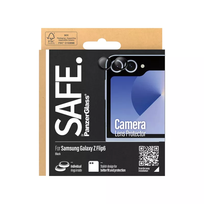 Apsauginis fotoaparato lęšių gaubtas PanzerGlass SAFE. Samsung Galaxy Z Flip6 juodas, atsparus įbrėžimams ir smūgiams