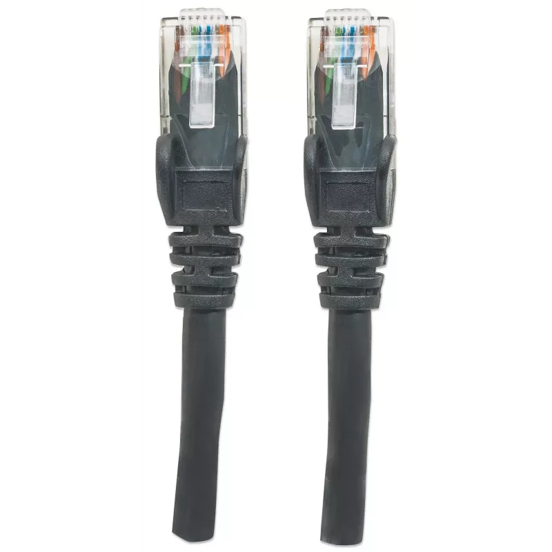 Intellinet tinklo jungiamasis kabelis Cat6, 20 m, juodas, CCA, U/UTP, PVC, RJ45, auksu dengti kontaktai, apsaugotas nuo užkliuvimo, su gaubtu, viso gyvenimo garantija