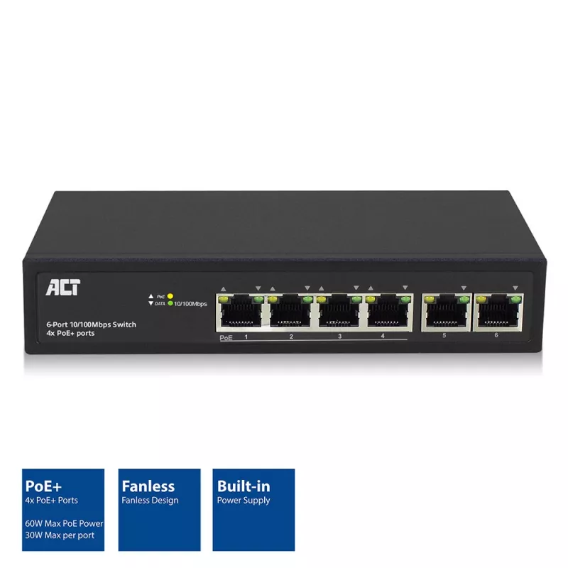 ACT AC4430 6 prievadų tinklo jungiklis, 10/100Mbps, 4x PoE+ (30W)