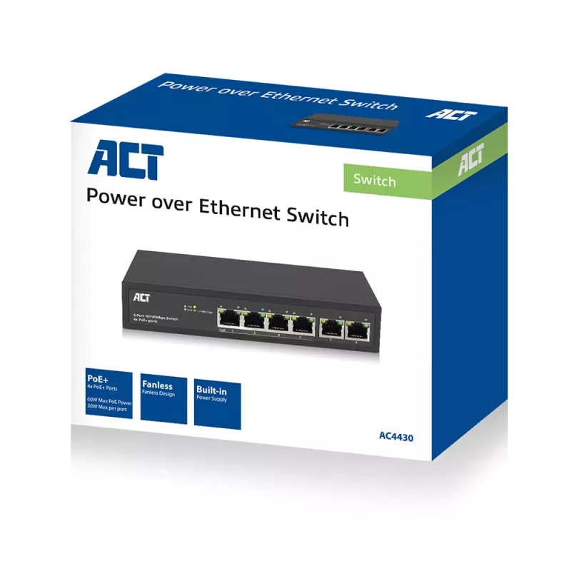 ACT AC4430 6 prievadų tinklo jungiklis, 10/100Mbps, 4x PoE+ (30W)