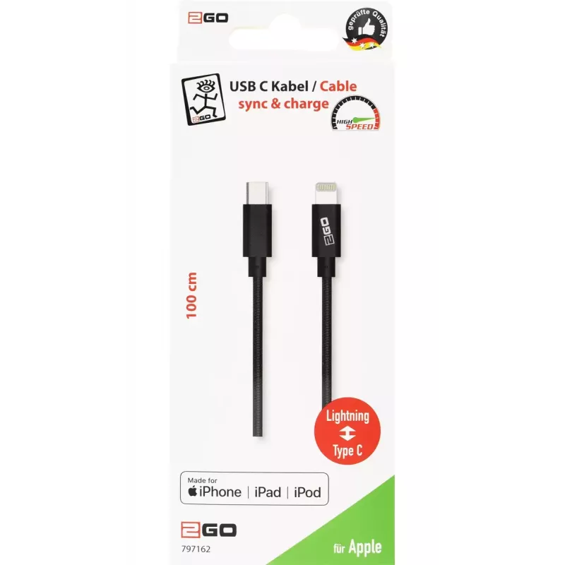2GO 797162 Lightning laidas 1 m USB-C juodas