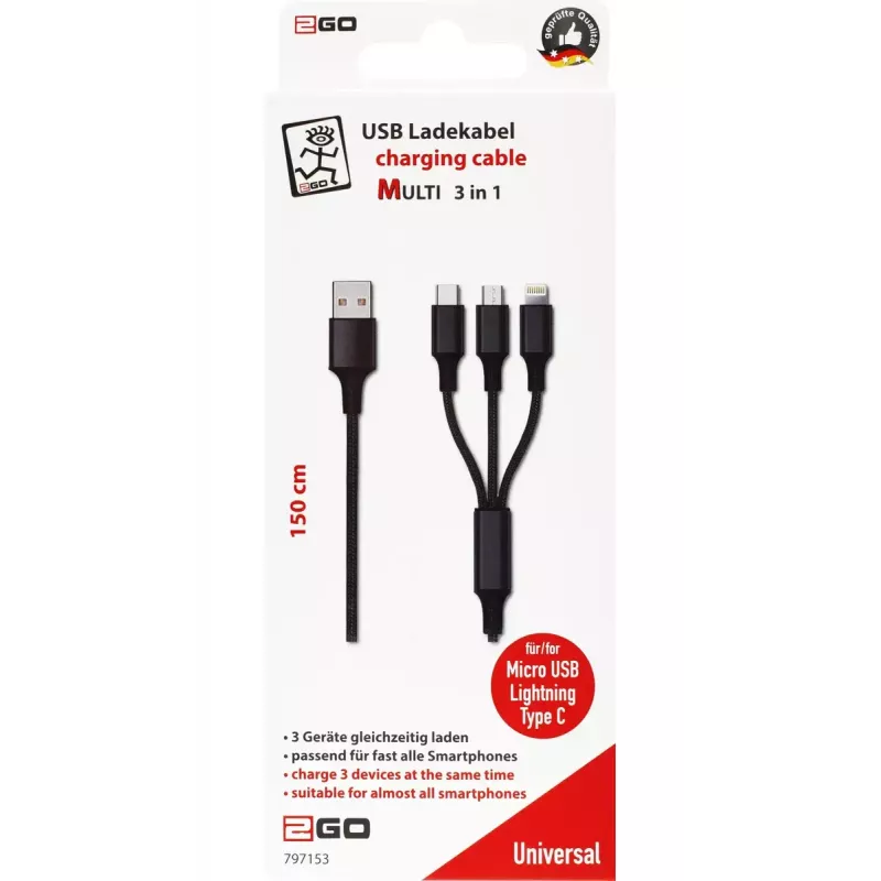 USB laidas 2GO 797153 1,5 m USB B / USB-C, Micro-USB B, Lightning juodas