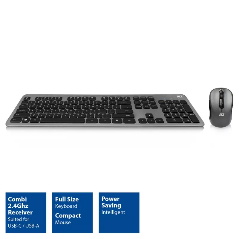 Belaidis klaviatūros ir pelės rinkinys ACT AC5710, USB-C/USB-A kombinuotas imtuvas (QWERTY/US išdėstymas)