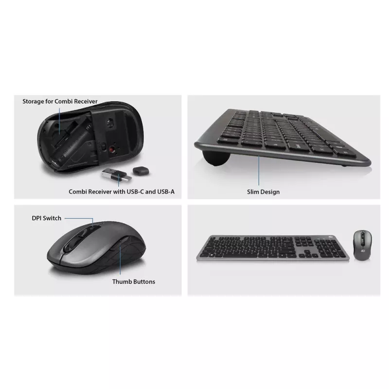Belaidis klaviatūros ir pelės rinkinys ACT AC5710, USB-C/USB-A kombinuotas imtuvas (QWERTY/US išdėstymas)
