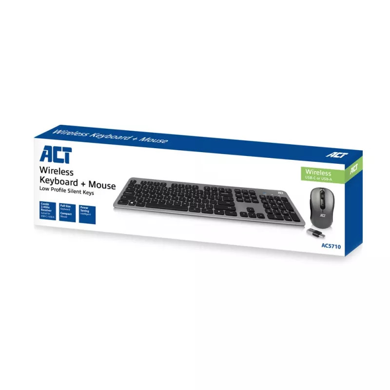 Belaidis klaviatūros ir pelės rinkinys ACT AC5710, USB-C/USB-A kombinuotas imtuvas (QWERTY/US išdėstymas)