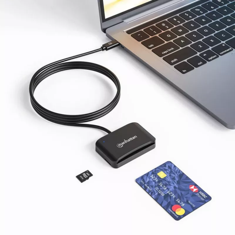 Manhattan USB-C kontaktinė kortelių skaitytuvė su microSD lizdu, USB-C jungtimi, 1 m kabeliu, juoda, 3 metų garantija