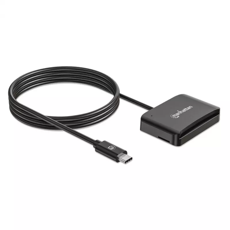 Manhattan USB-C kontaktinė kortelių skaitytuvė su microSD lizdu, USB-C jungtimi, 1 m kabeliu, juoda, 3 metų garantija