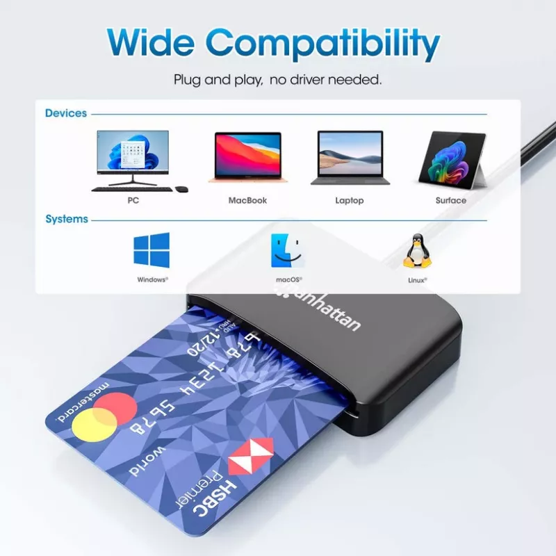 Manhattan USB-C kontaktinė kortelių skaitytuvė su microSD lizdu, USB-C jungtimi, 1 m kabeliu, juoda, 3 metų garantija