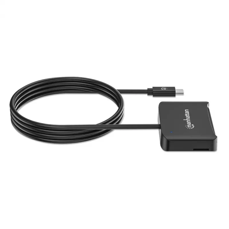 Manhattan USB-C kontaktinė kortelių skaitytuvė su microSD lizdu, USB-C jungtimi, 1 m kabeliu, juoda, 3 metų garantija