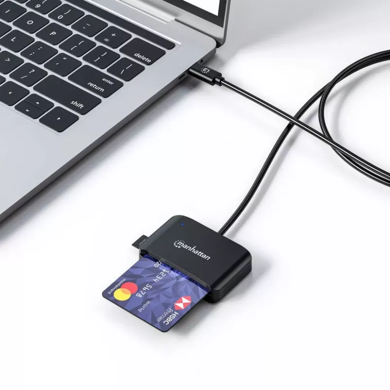 Manhattan USB-C kontaktinė kortelių skaitytuvė su microSD lizdu, USB-C jungtimi, 1 m kabeliu, juoda, 3 metų garantija