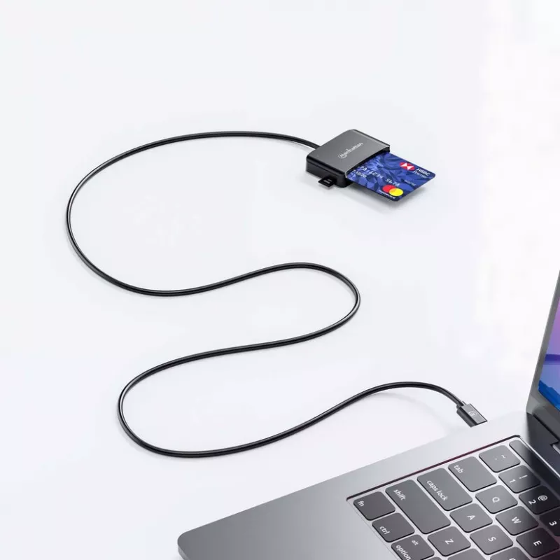 Manhattan USB-C kontaktinė kortelių skaitytuvė su microSD lizdu, USB-C jungtimi, 1 m kabeliu, juoda, 3 metų garantija