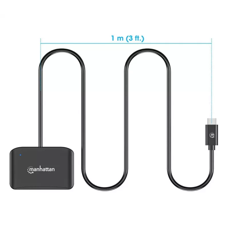 Manhattan USB-C kontaktinė kortelių skaitytuvė su microSD lizdu, USB-C jungtimi, 1 m kabeliu, juoda, 3 metų garantija