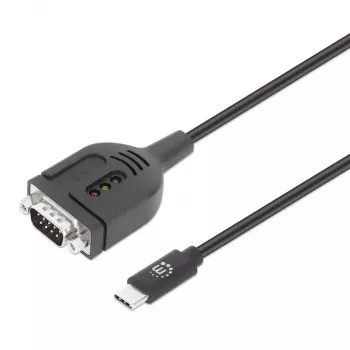 Manhattan USB-C į Serial keitiklio kabelis, 1 m, Vyriškas į Vyrišką, Serial/RS232/COM/DB9, Prolific PL2303GT lustas, Juodas kabelis, Trejų metų garantija