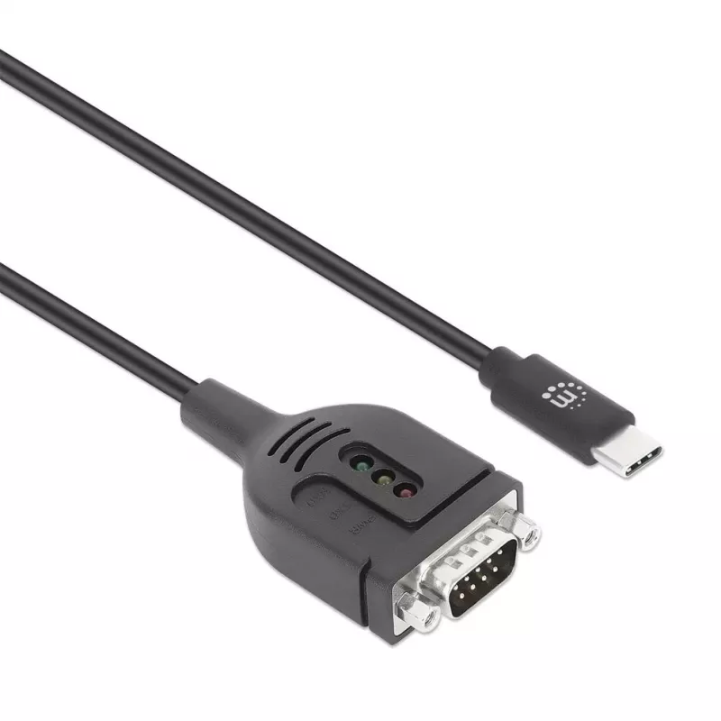 Manhattan USB-C į Serial keitiklio kabelis, 1 m, Vyriškas į Vyrišką, Serial/RS232/COM/DB9, Prolific PL2303GT lustas, Juodas kabelis, Trejų metų garantija