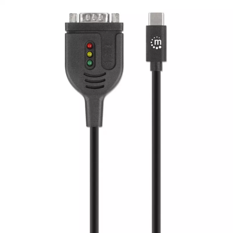 Manhattan USB-C į Serial keitiklio kabelis, 1 m, Vyriškas į Vyrišką, Serial/RS232/COM/DB9, Prolific PL2303GT lustas, Juodas kabelis, Trejų metų garantija