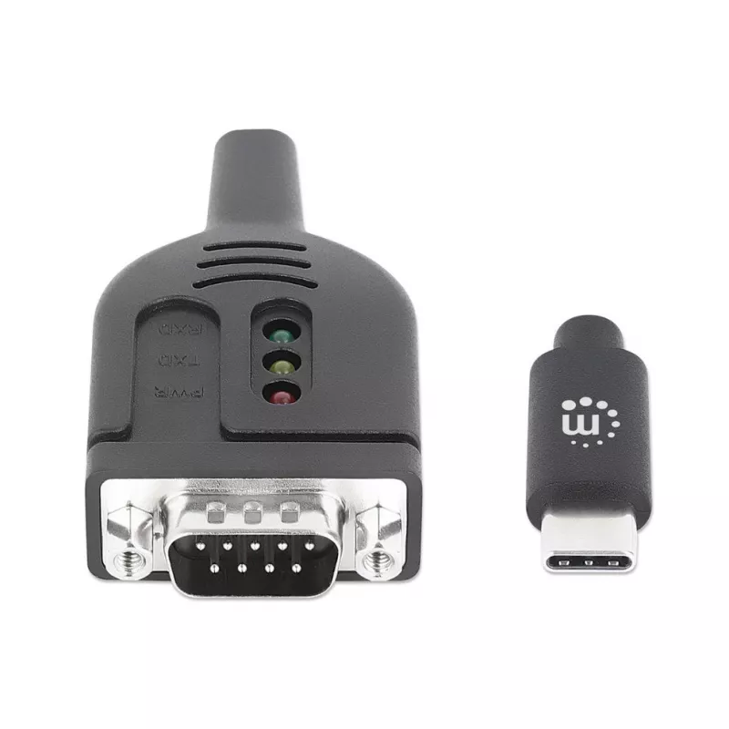 Manhattan USB-C į Serial keitiklio kabelis, 1 m, Vyriškas į Vyrišką, Serial/RS232/COM/DB9, Prolific PL2303GT lustas, Juodas kabelis, Trejų metų garantija