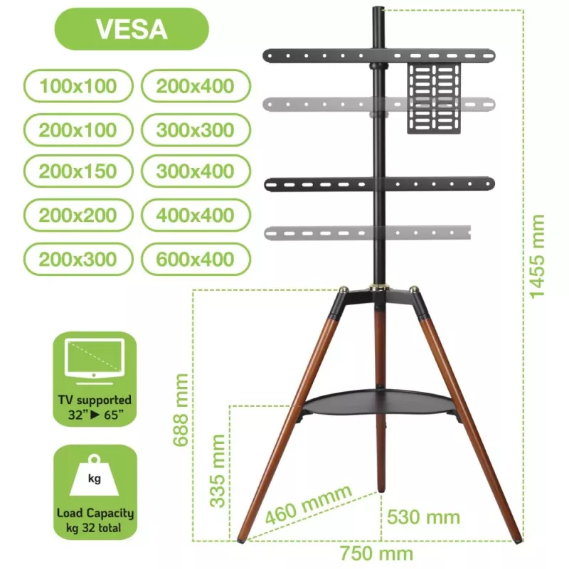 Techly ICA-TR58 TV stovas 165,1 cm (65 inch) juodas, medinis
