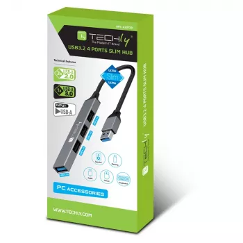 Techly IUSB32-HUB4A-3U2SLS USB 3.2 šakotuvas, 4x USB-A, metalinis korpusas, pilka