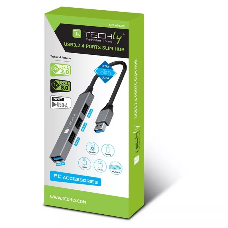 Techly IUSB32-HUB4A-3U2SLS USB 3.2 šakotuvas, 4x USB-A, metalinis korpusas, pilka