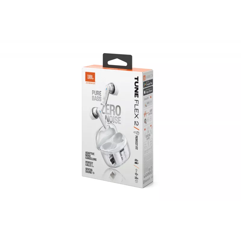 Ausinės JBL Tune Flex 2 Ghost Edition — belaidės (TWS) į ausis, Bluetooth, 20–20000 Hz, Baltos