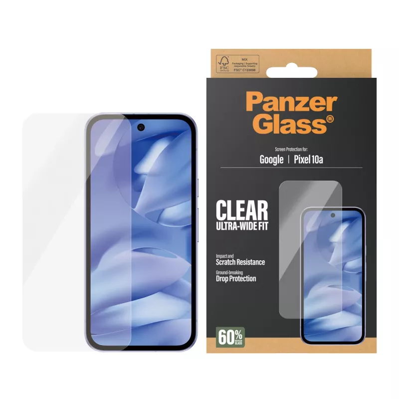 Apsauginis stikliukas PanzerGlass, skirtas Google Pixel 10a 5G — itin platus, PET, atsparus įbrėžimams ir smūgiams, permatomas
