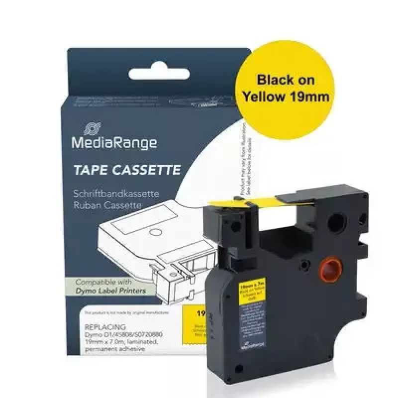 MediaRange MRDY45808 lipni juostelė etiketėms D1 juoda ant geltonos 19 mm x 7 m, nuolatinis akrilo klijai