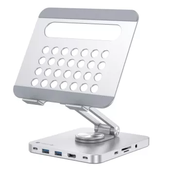 Techly 8-in-1 USB-C Hub Docking Station stovas planšetei, sidabrinis, aliuminis, 360°