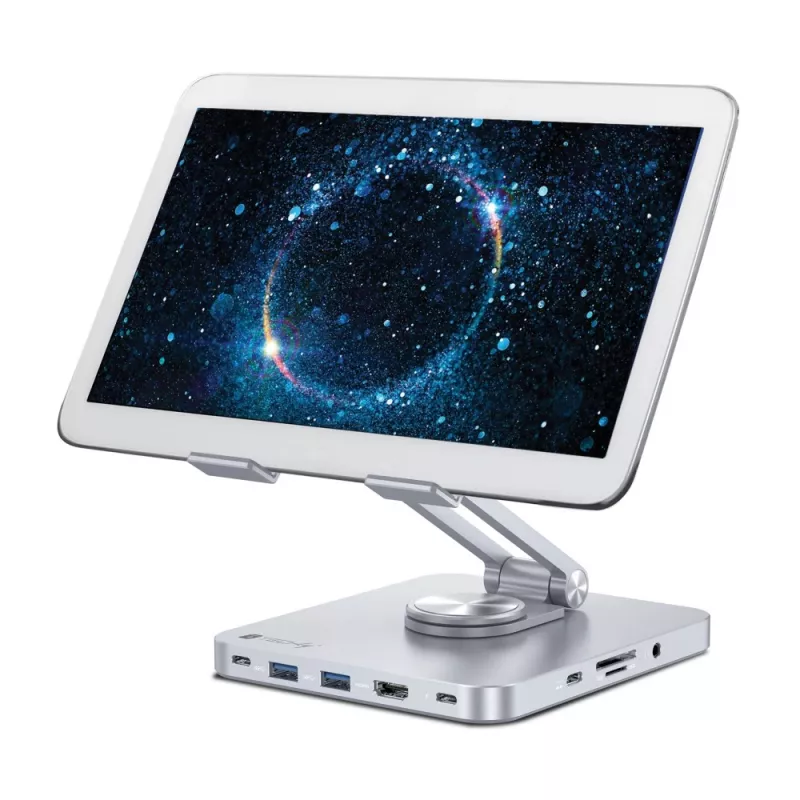 Techly 8-in-1 USB-C Hub Docking Station stovas planšetei, sidabrinis, aliuminis, 360°