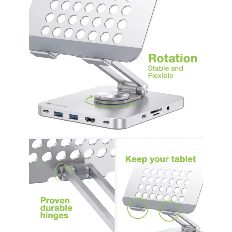 Techly 8-in-1 USB-C Hub Docking Station stovas planšetei, sidabrinis, aliuminis, 360°