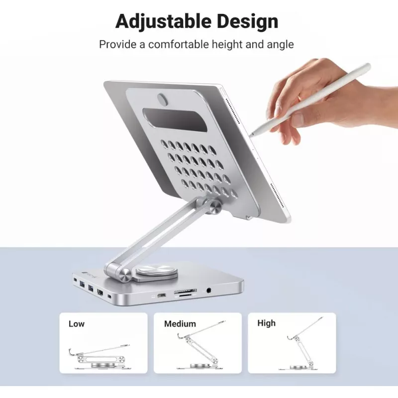 Techly 8-in-1 USB-C Hub Docking Station stovas planšetei, sidabrinis, aliuminis, 360°