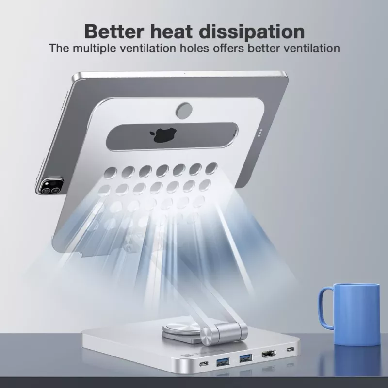 Techly 8-in-1 USB-C Hub Docking Station stovas planšetei, sidabrinis, aliuminis, 360°
