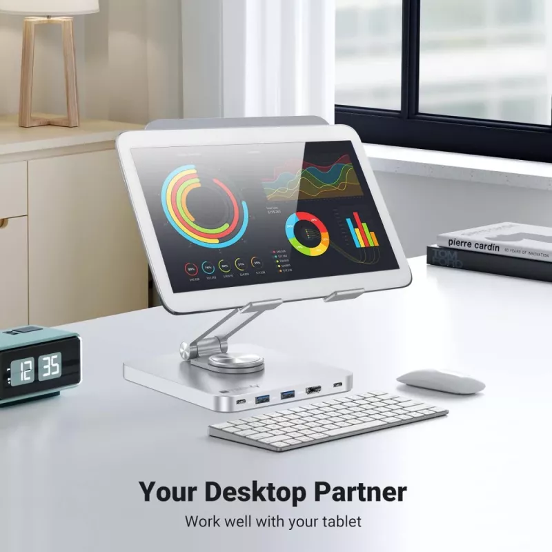 Techly 8-in-1 USB-C Hub Docking Station stovas planšetei, sidabrinis, aliuminis, 360°