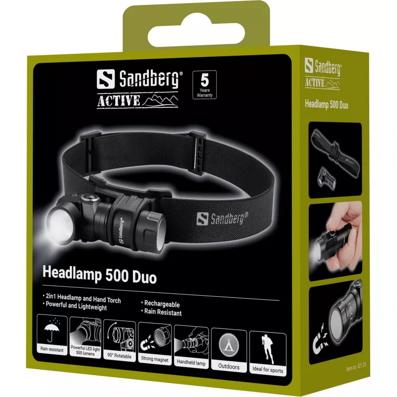 Sandberg Headlamp 500 Duo galvos žibintuvėlis, juodas, aliuminis, IP44, LED, 25 lm