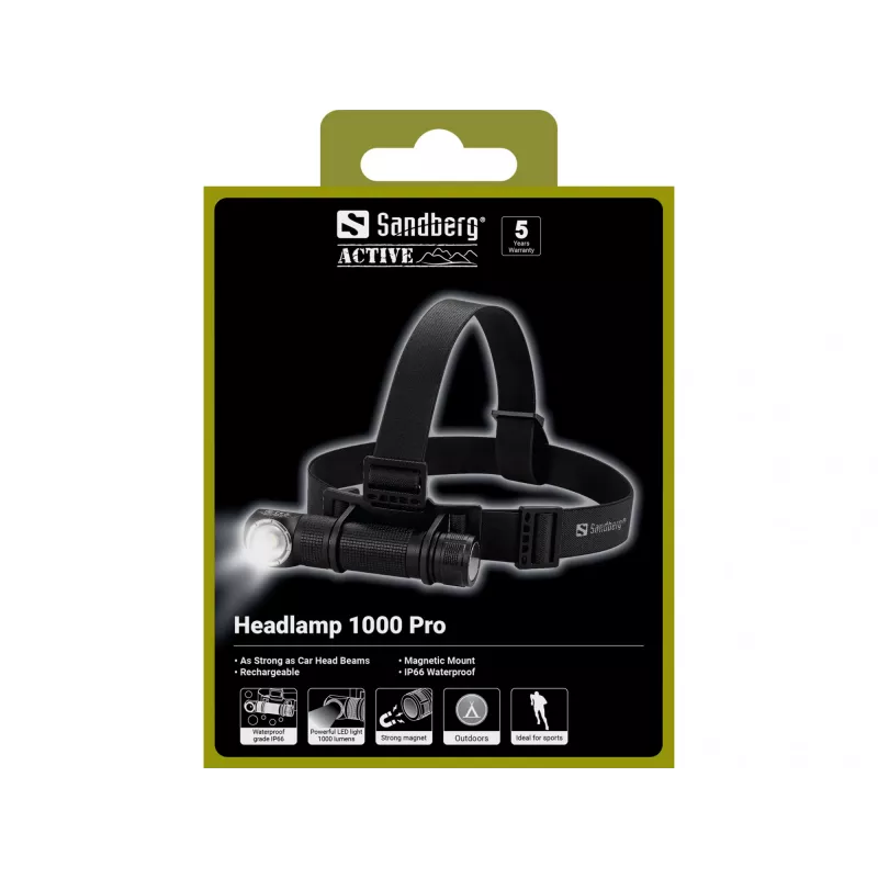 Sandberg Headlamp 1000 Pro priekinė lemputė, juoda, aliuminis, IP66, LED, 25 lm