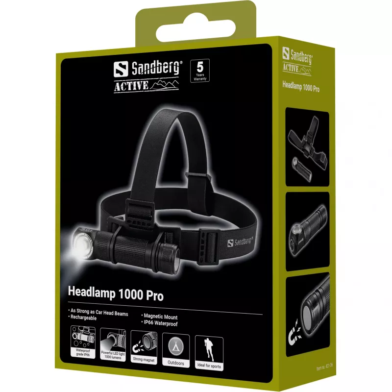 Sandberg Headlamp 1000 Pro priekinė lemputė, juoda, aliuminis, IP66, LED, 25 lm